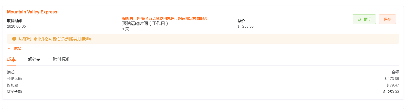 价格、额外费和赔付标准